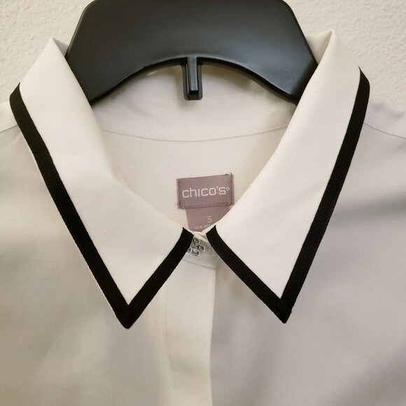 Chicos' 100% Cotton Black Trimmed Jeweled Button Up Shirt Tunic Size L EUC - Picture 4 of 11